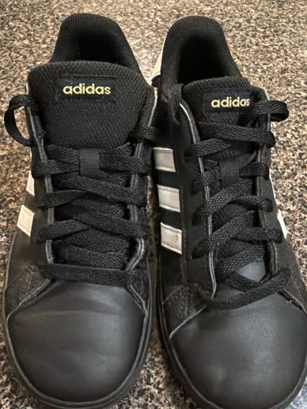 adidas Kids Black Sneakers with White Stripes and Gold Logo